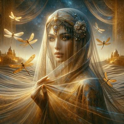 The primary subject of the image is a woman with a veil, who is surrounded by dragonflies. She is wearing a white dress and has a veil covering her face. The setting is a beautiful, artistic scene with a backdrop of a palace. The visual style is a digital art or illustration, creating a surreal and dreamy atmosphere. The colors are predominantly white and gold, giving the image a warm and elegant feel.
